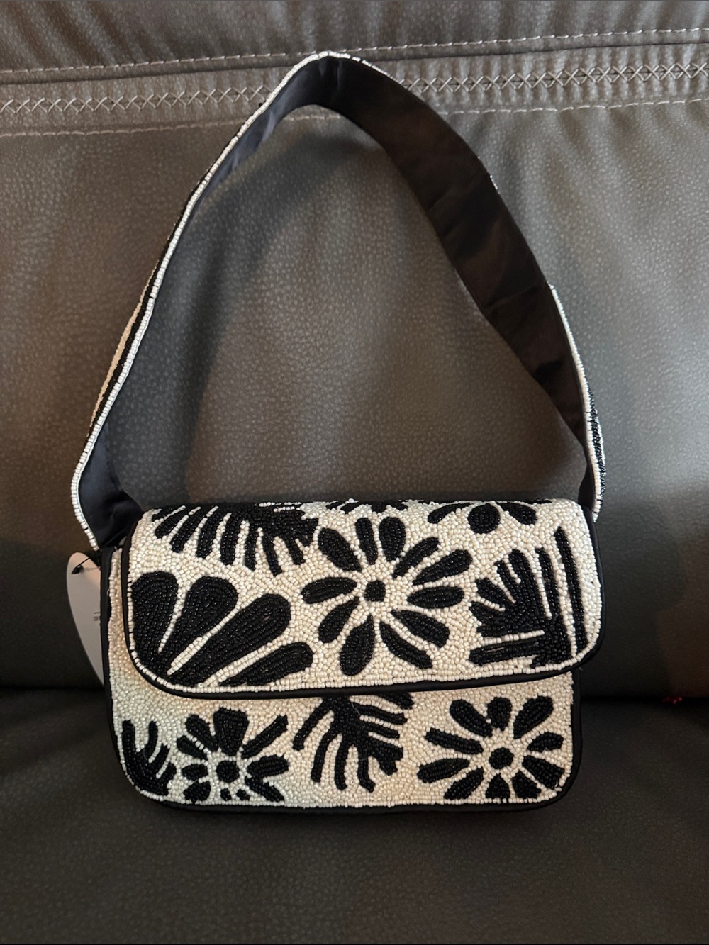 Beaded Black & White Floral Shoulder Bag